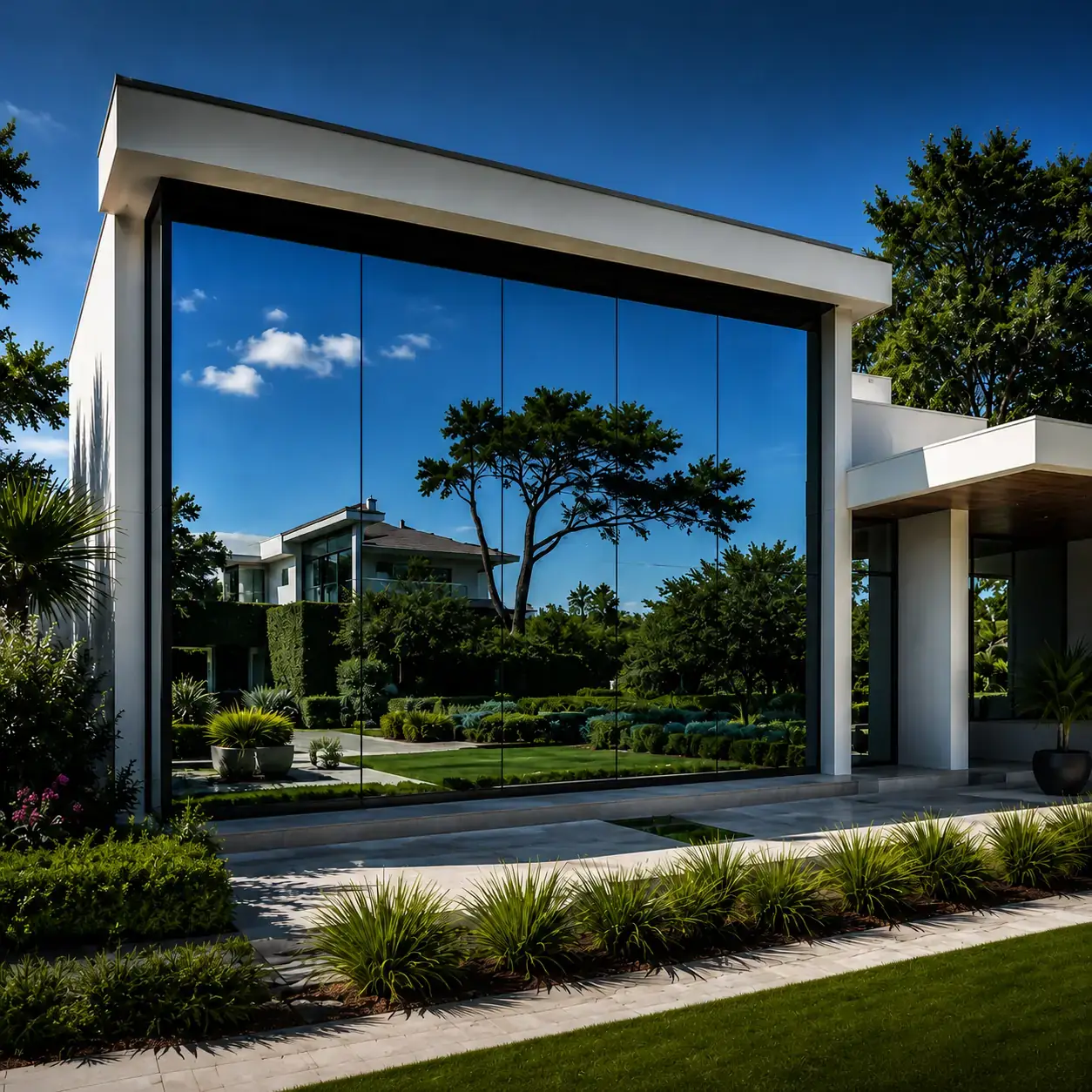 Salon lumineux avec film de protection solaire posé sur les vitrages, villa à Hyères