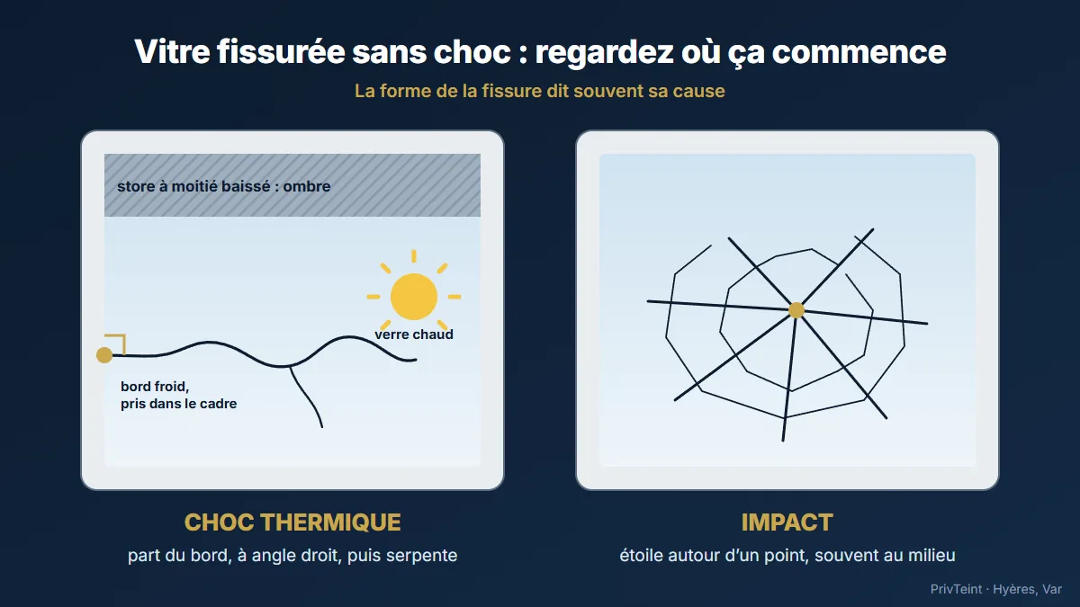 Schéma : à gauche une fissure de choc thermique qui part du bord à angle droit puis serpente, à droite une fissure d’impact en étoile autour d’un point