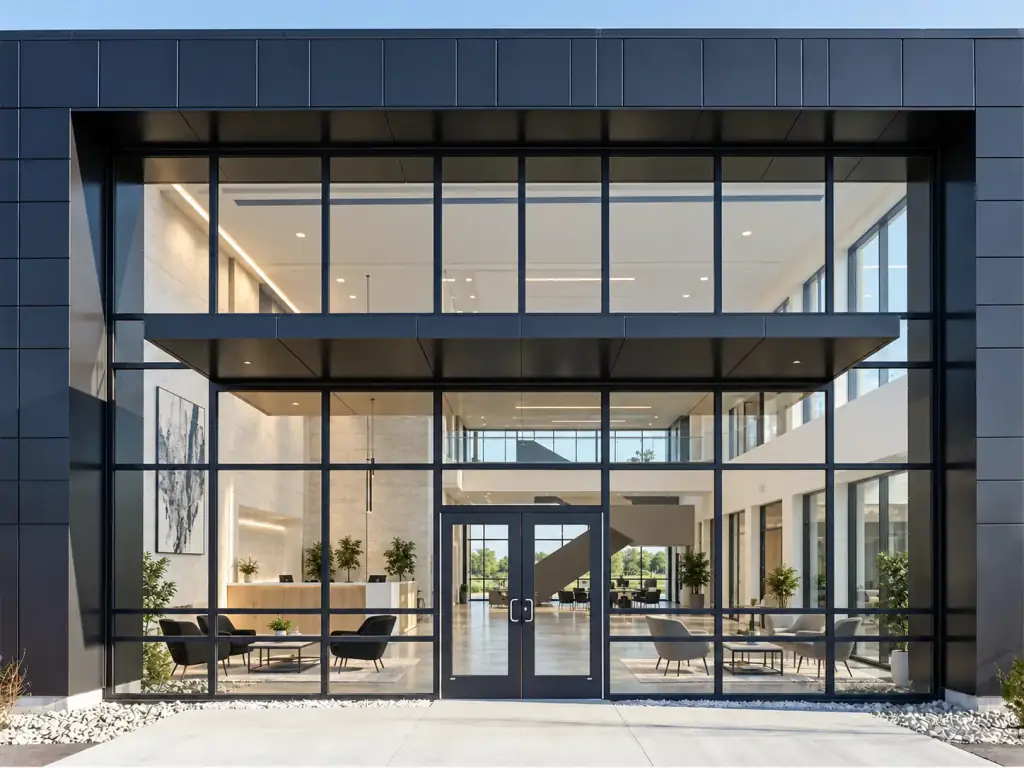 Façade vitrée de bureaux sans film : le hall d'accueil est visible depuis l'extérieur