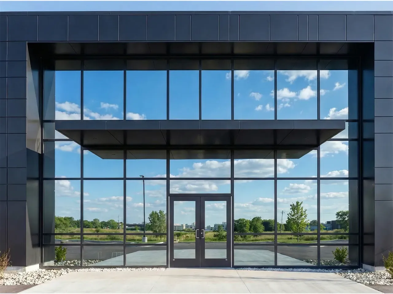 Façade vitrée en effet miroir vue de l’extérieur, de jour