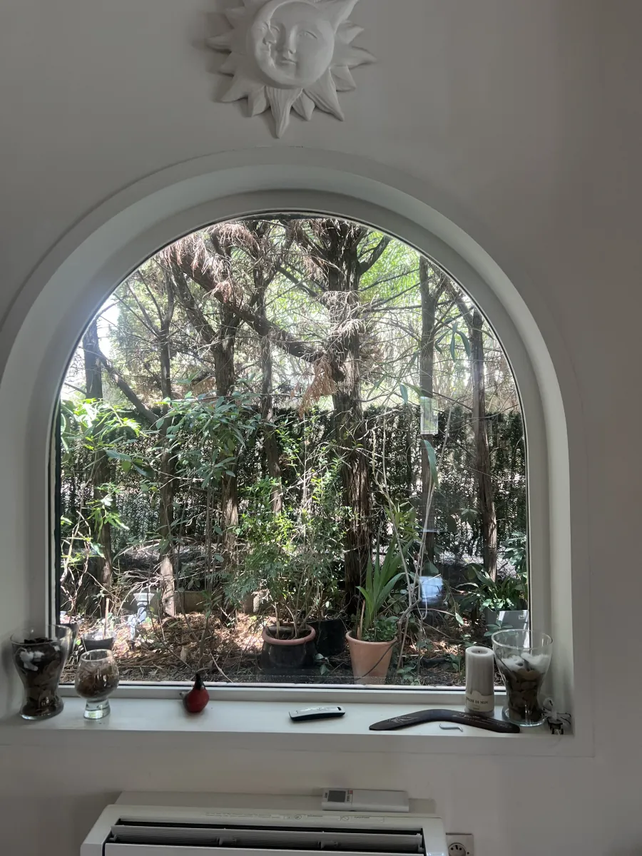 Avant l'intervention PrivTeint : fenêtre cintrée d'une maison à Hyères, vitrage d'origine exposé au soleil et au vis-à-vis