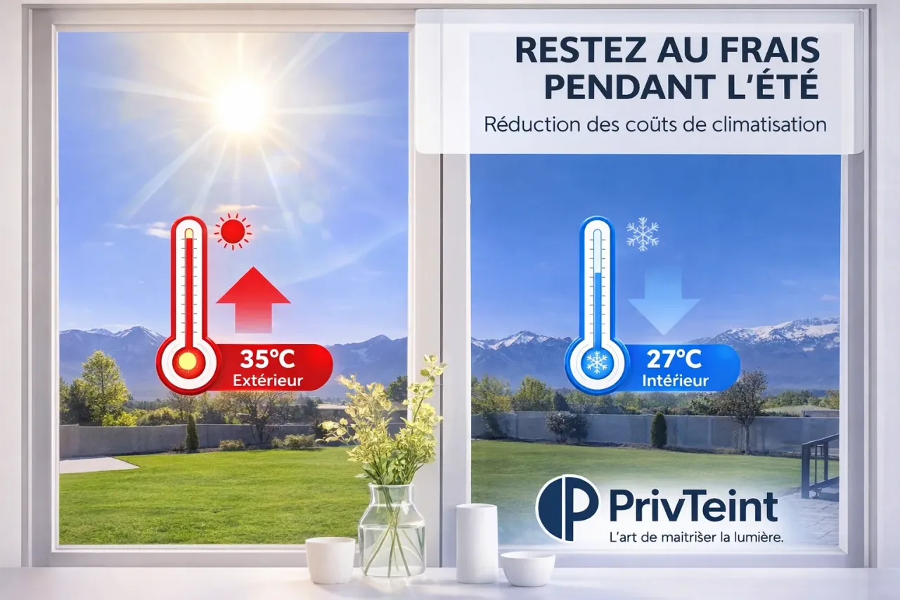 Comparaison de température entre l’extérieur et l’intérieur derrière un vitrage traité par film solaire