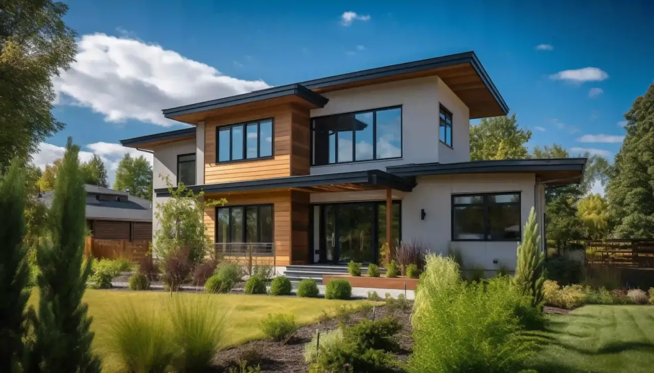 Maison moderne aux grandes baies vitrées traitées par film solaire