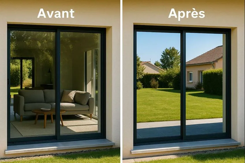 Pose d'un film solaire sur la baie vitrée d'une maison dans le Var