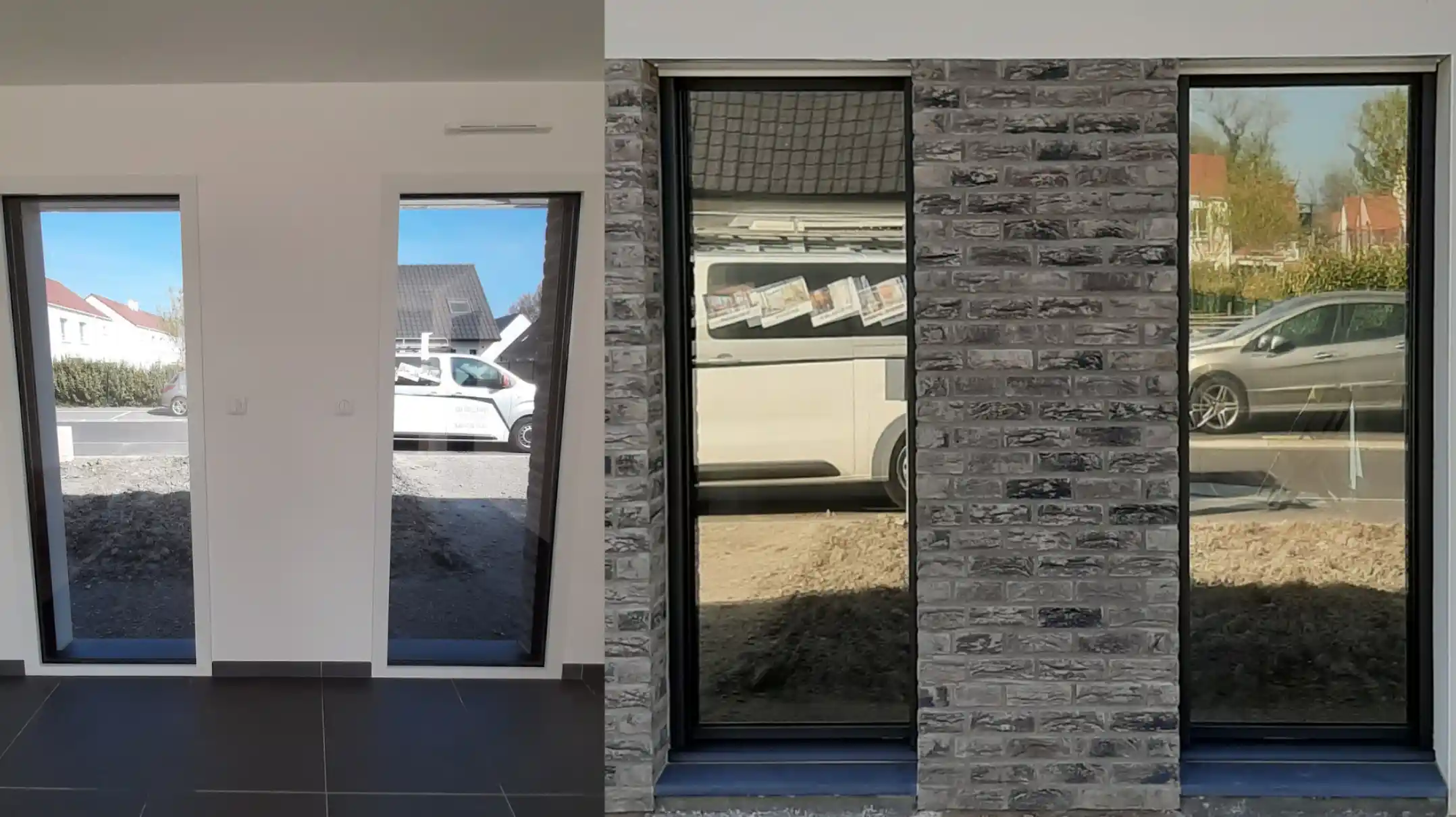 Avant/après pose d’un film solaire PrivTeint sur fenêtres verticales : réduction de chaleur et d’éblouissement, protection UV, teinte légère et discrète.